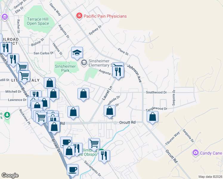 map of restaurants, bars, coffee shops, grocery stores, and more near 1210 Southwood Drive in San Luis Obispo