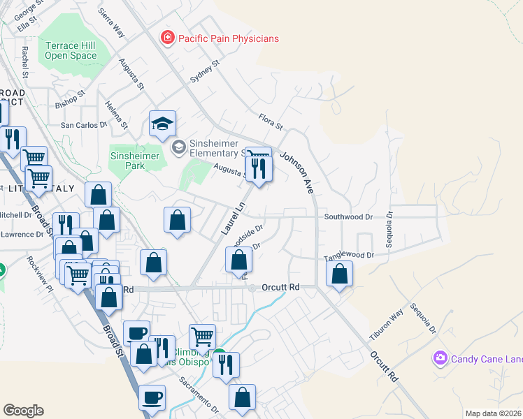 map of restaurants, bars, coffee shops, grocery stores, and more near 1404 Woodside Drive in San Luis Obispo