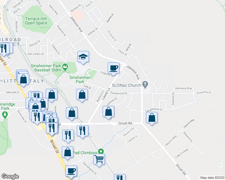 map of restaurants, bars, coffee shops, grocery stores, and more near 1215 Southwood Drive in San Luis Obispo