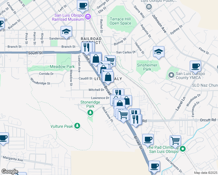 map of restaurants, bars, coffee shops, grocery stores, and more near 2600 Broad Street in San Luis Obispo