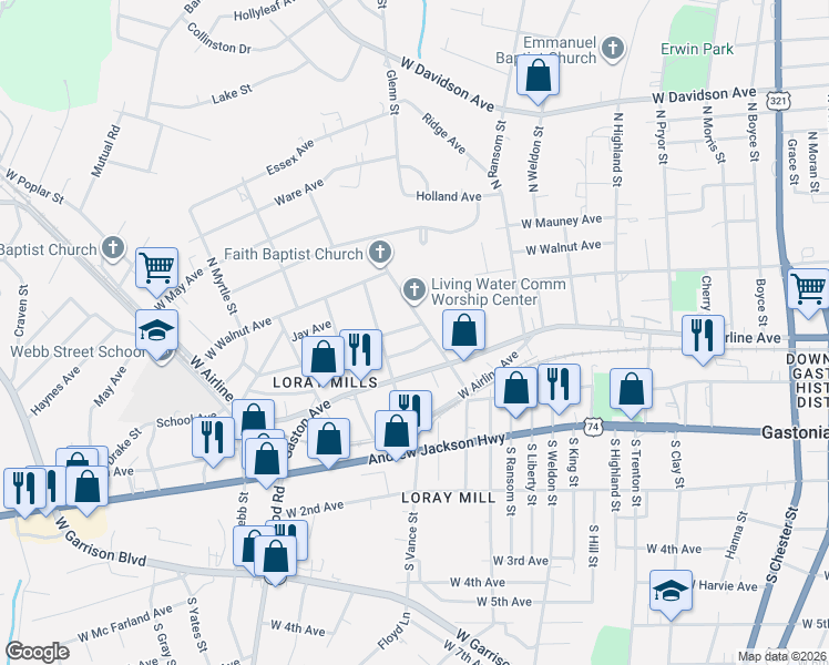 map of restaurants, bars, coffee shops, grocery stores, and more near 1115 West Rankin Avenue in Gastonia