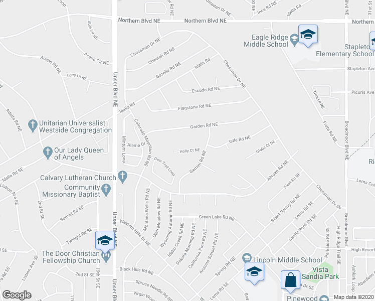 map of restaurants, bars, coffee shops, grocery stores, and more near Holly Court Northeast in Rio Rancho