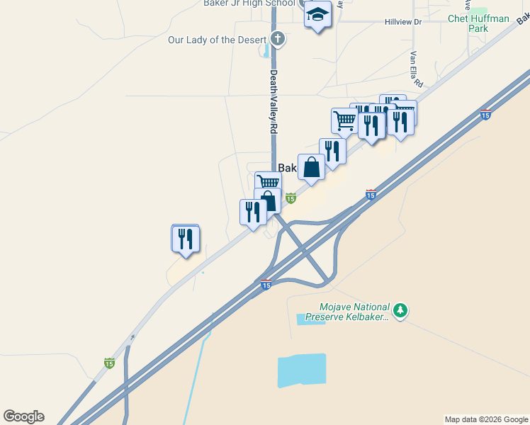map of restaurants, bars, coffee shops, grocery stores, and more near 72074 Baker Boulevard in Baker