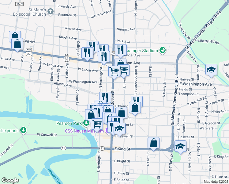 map of restaurants, bars, coffee shops, grocery stores, and more near 503 North Queen Street in Kinston