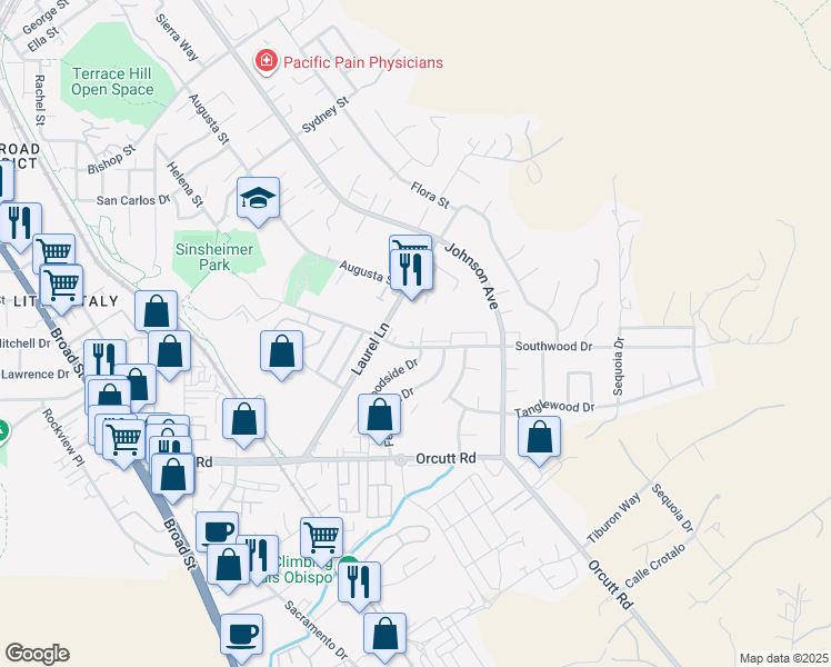 map of restaurants, bars, coffee shops, grocery stores, and more near 1404 Woodside Drive in San Luis Obispo