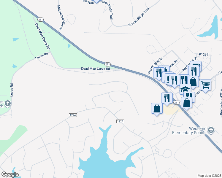 map of restaurants, bars, coffee shops, grocery stores, and more near 237 Carriage Park Drive in West End