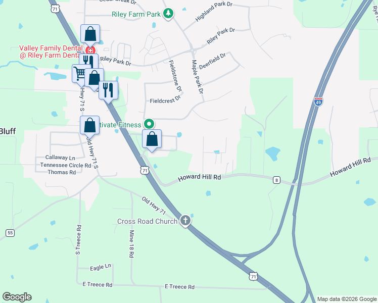map of restaurants, bars, coffee shops, grocery stores, and more near 12608 Windy Acres Lane in Fort Smith