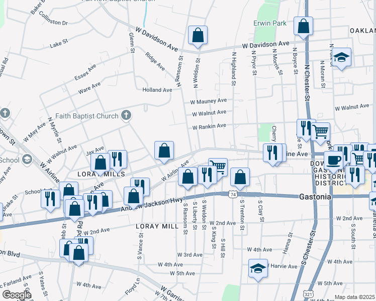 map of restaurants, bars, coffee shops, grocery stores, and more near 205 North Ransom Street in Gastonia