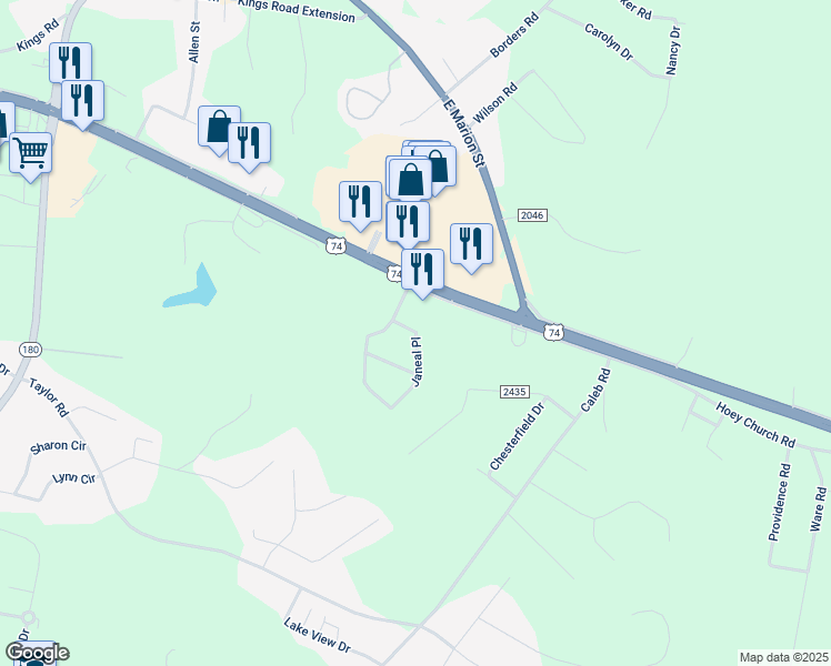 map of restaurants, bars, coffee shops, grocery stores, and more near 1017 Janeal Place in Shelby