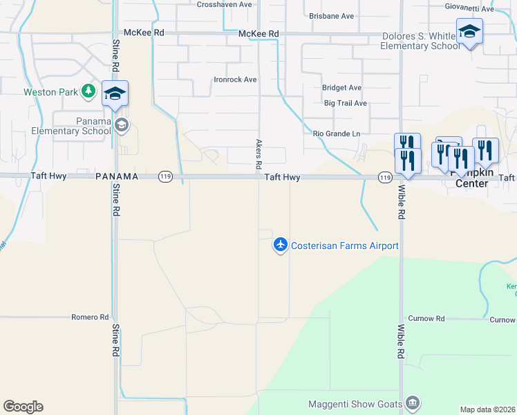 map of restaurants, bars, coffee shops, grocery stores, and more near 10502 Van Horn Road in Bakersfield