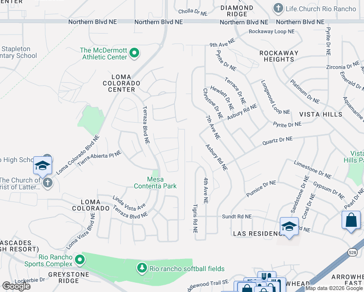 map of restaurants, bars, coffee shops, grocery stores, and more near 4033 Loma Alta Road Northeast in Rio Rancho