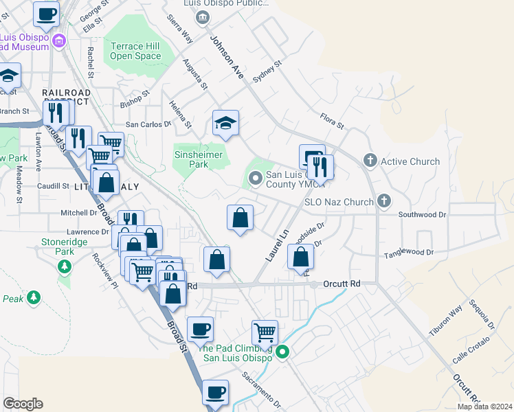 map of restaurants, bars, coffee shops, grocery stores, and more near 1033 Southwood Drive in San Luis Obispo
