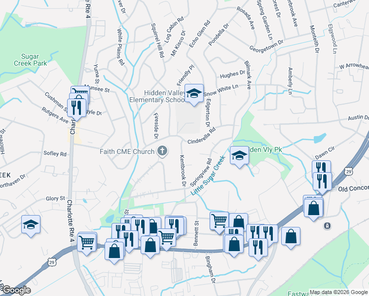 map of restaurants, bars, coffee shops, grocery stores, and more near 619 Kentbrook Drive in Charlotte