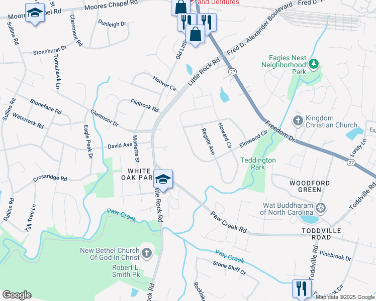 map of restaurants, bars, coffee shops, grocery stores, and more near 6325 Elmwood Circle in Charlotte