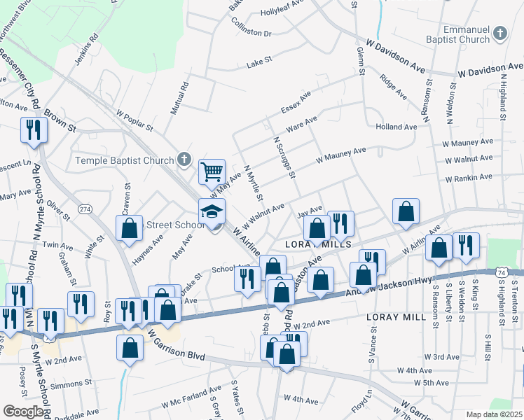 map of restaurants, bars, coffee shops, grocery stores, and more near 1501 West Walnut Avenue in Gastonia