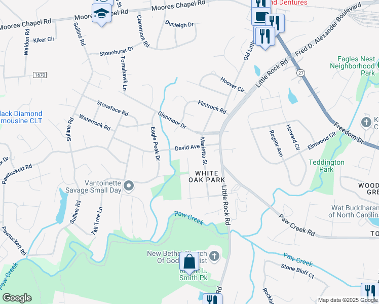 map of restaurants, bars, coffee shops, grocery stores, and more near 1023 Ashford Street in Charlotte