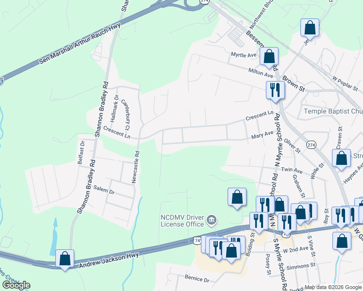 map of restaurants, bars, coffee shops, grocery stores, and more near 2801 Mary Avenue in Gastonia
