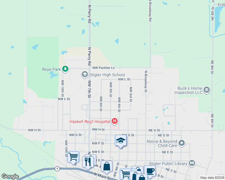 map of restaurants, bars, coffee shops, grocery stores, and more near 901 North Country Club Drive in Stigler