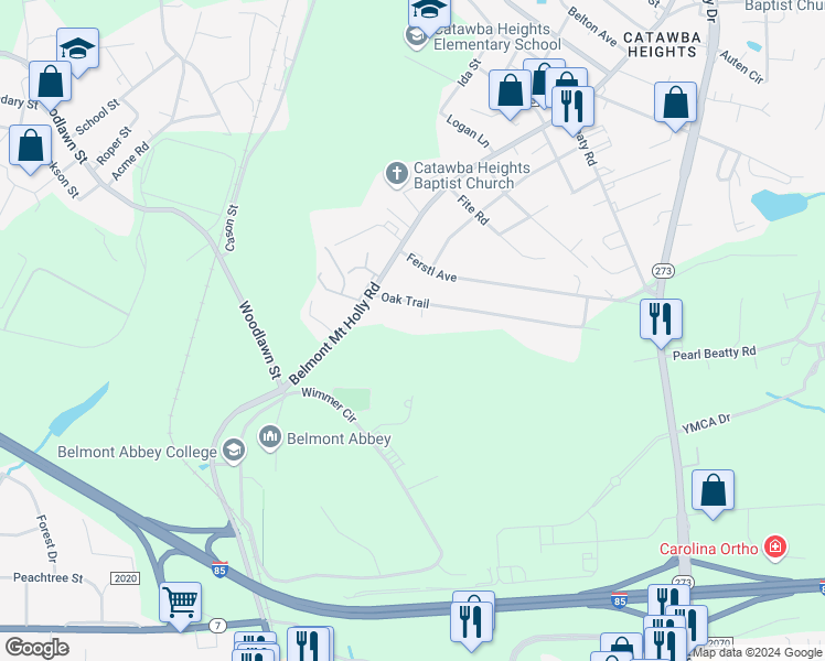 map of restaurants, bars, coffee shops, grocery stores, and more near 108 Oak Trail in Belmont
