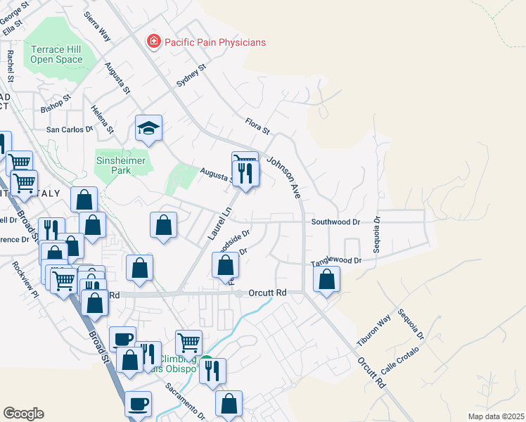 map of restaurants, bars, coffee shops, grocery stores, and more near 1404 Woodside Drive in San Luis Obispo