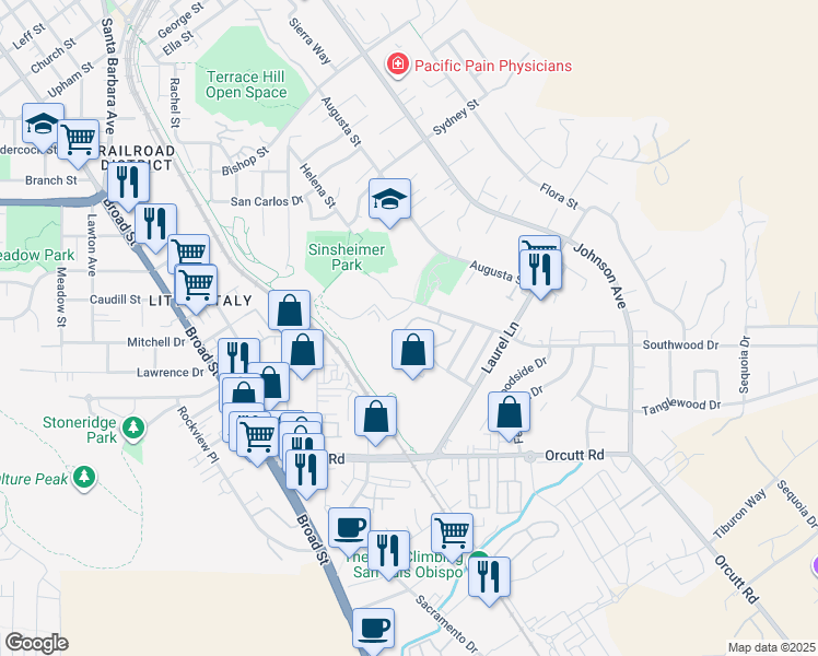 map of restaurants, bars, coffee shops, grocery stores, and more near 1027 Southwood Drive in San Luis Obispo