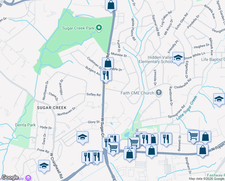 map of restaurants, bars, coffee shops, grocery stores, and more near 4333 Cinderella Road in Charlotte