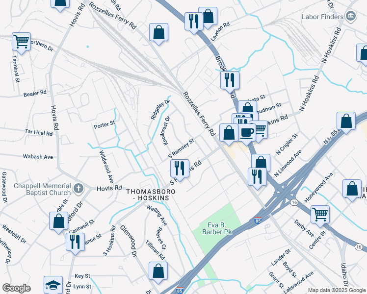 map of restaurants, bars, coffee shops, grocery stores, and more near 307 South Ramsey Street in Charlotte