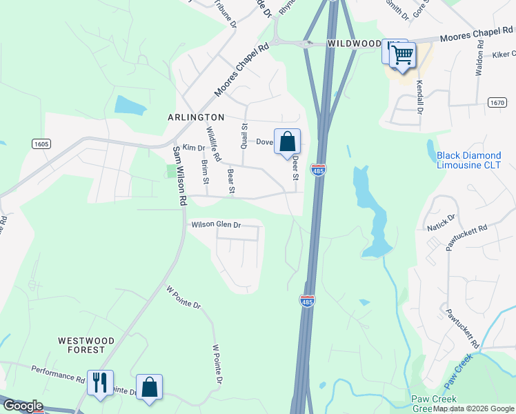 map of restaurants, bars, coffee shops, grocery stores, and more near 10416 Wilson Glen Drive in Charlotte