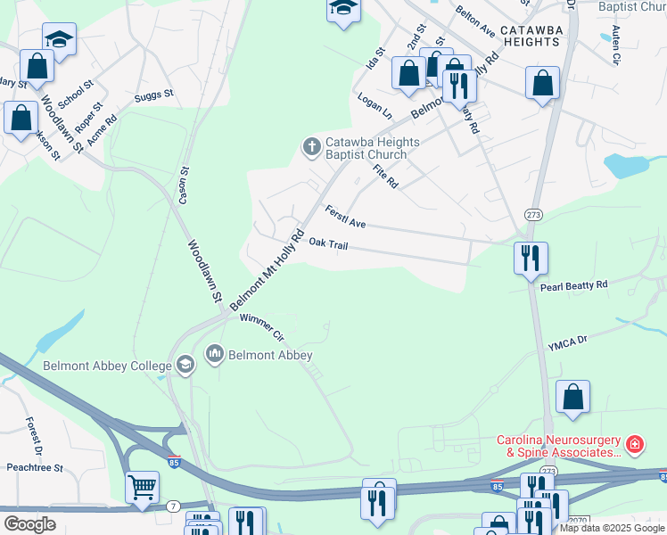 map of restaurants, bars, coffee shops, grocery stores, and more near 108 Oak Trail in Belmont