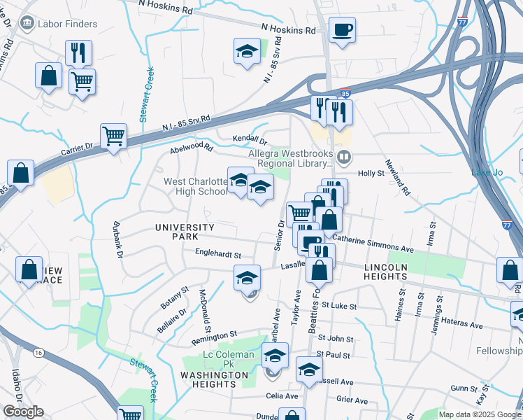map of restaurants, bars, coffee shops, grocery stores, and more near 2219 Senior Drive in Charlotte