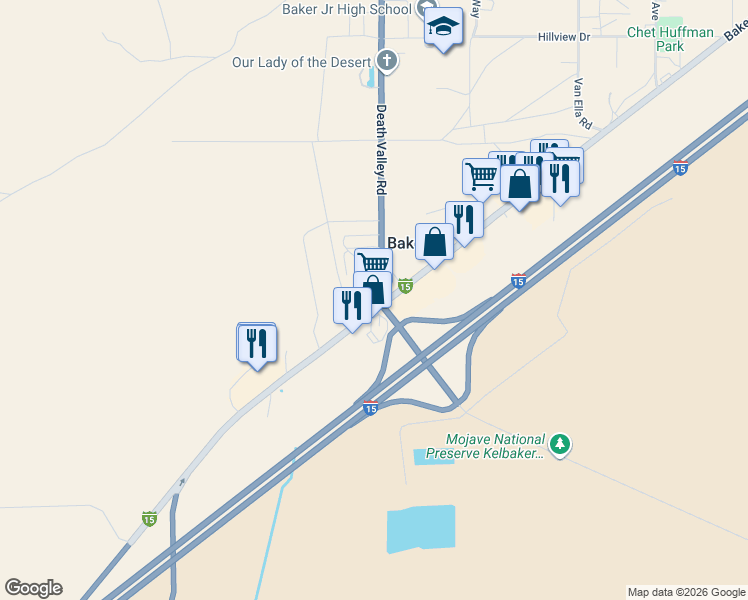 map of restaurants, bars, coffee shops, grocery stores, and more near 72074 Baker Boulevard in Baker