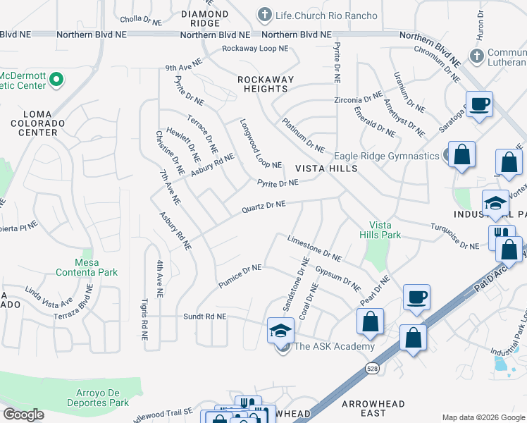 map of restaurants, bars, coffee shops, grocery stores, and more near 4528 Quartz Drive Northeast in Rio Rancho