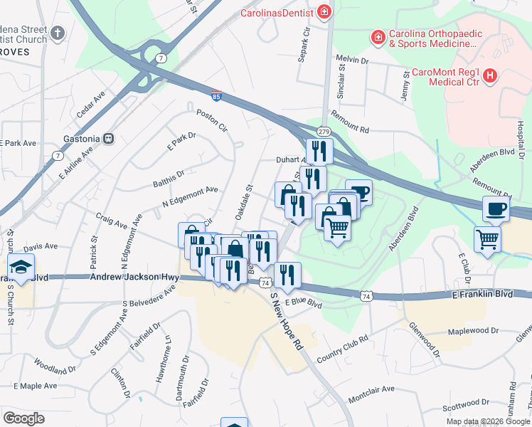 map of restaurants, bars, coffee shops, grocery stores, and more near 1502 McCormick Avenue in Gastonia