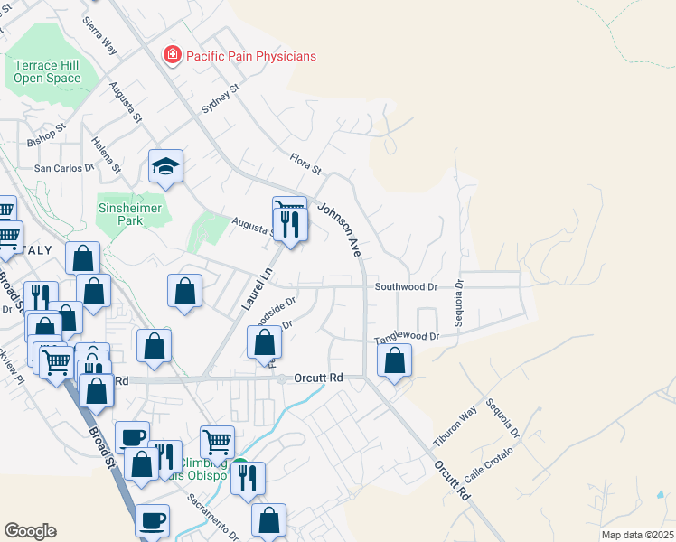 map of restaurants, bars, coffee shops, grocery stores, and more near in San Luis Obispo