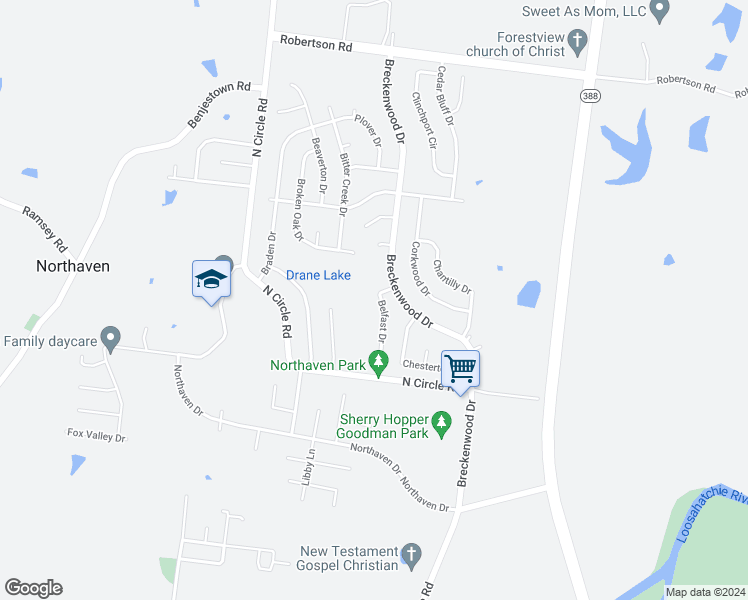 map of restaurants, bars, coffee shops, grocery stores, and more near 5113 Belfast Drive in Memphis