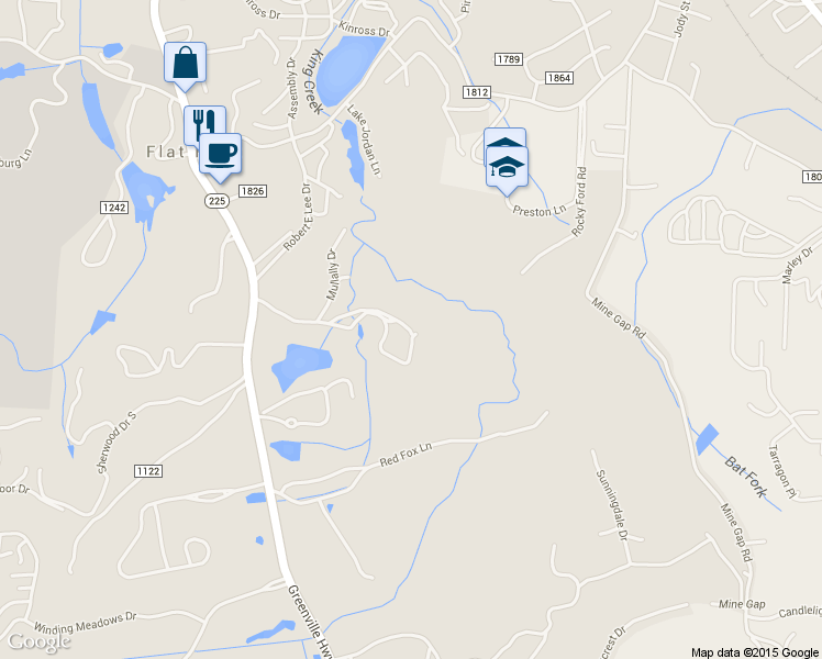 map of restaurants, bars, coffee shops, grocery stores, and more near 14 East Boxwood Loop in Flat Rock