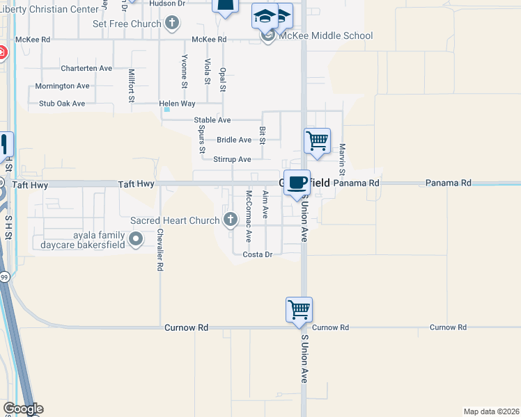 map of restaurants, bars, coffee shops, grocery stores, and more near 9827 Aim Avenue in Bakersfield