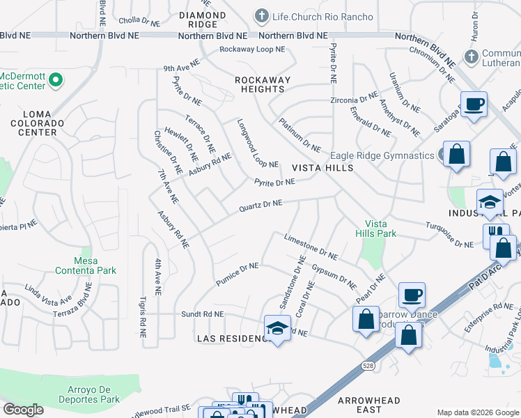 map of restaurants, bars, coffee shops, grocery stores, and more near 4516 Quartz Drive Northeast in Rio Rancho