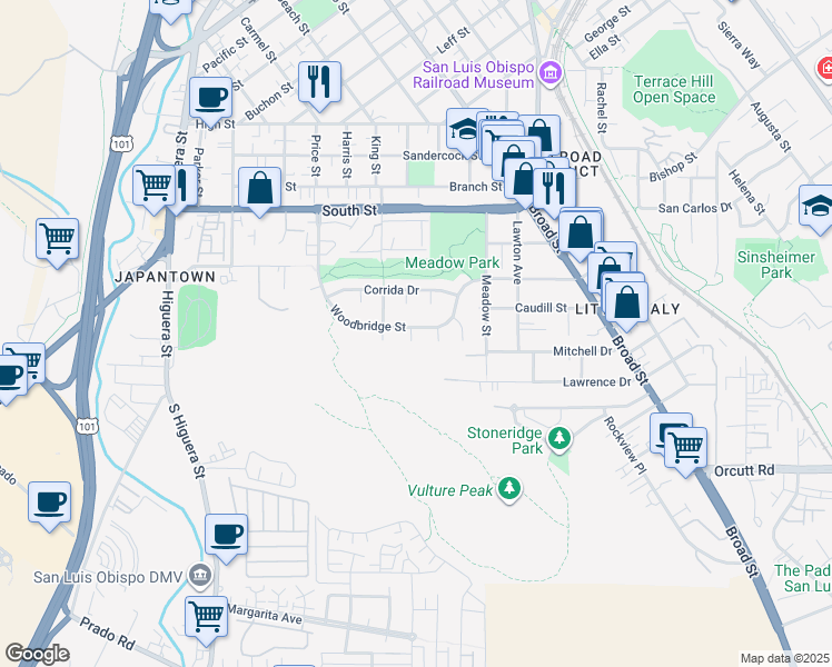 map of restaurants, bars, coffee shops, grocery stores, and more near 2418 Cumbre Court in San Luis Obispo