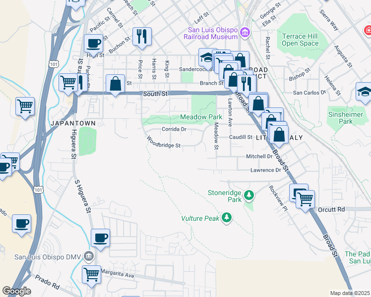 map of restaurants, bars, coffee shops, grocery stores, and more near 2418 Cumbre Court in San Luis Obispo