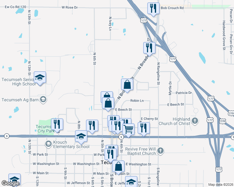 map of restaurants, bars, coffee shops, grocery stores, and more near 828 North Broadway Street in Tecumseh