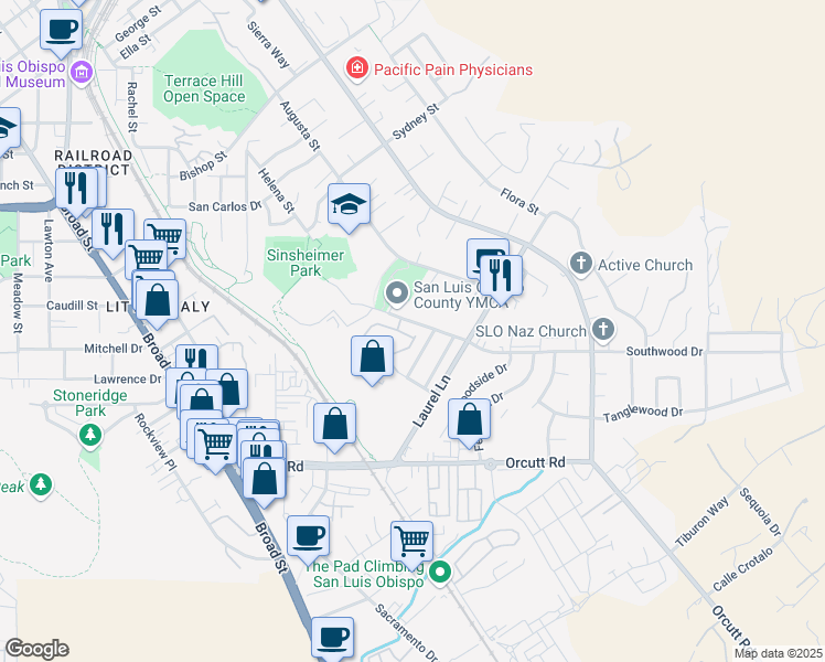 map of restaurants, bars, coffee shops, grocery stores, and more near 1033 Southwood Drive in San Luis Obispo