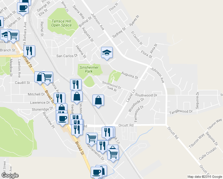map of restaurants, bars, coffee shops, grocery stores, and more near 1033 Southwood Drive in San Luis Obispo