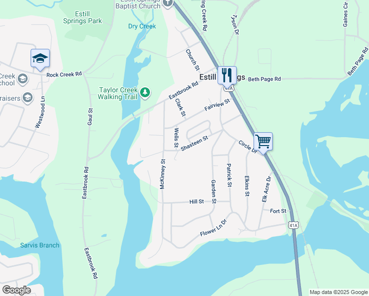 map of restaurants, bars, coffee shops, grocery stores, and more near 299 Shasteen Street in Estill Springs