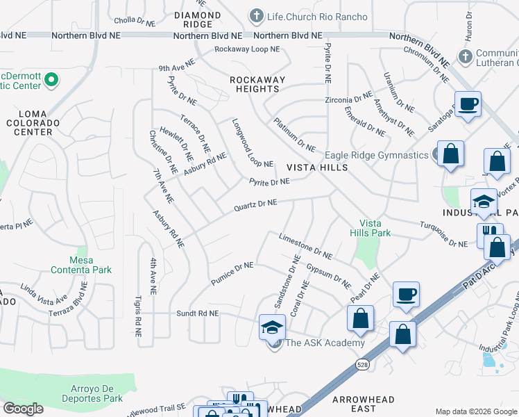 map of restaurants, bars, coffee shops, grocery stores, and more near 4528 Quartz Drive Northeast in Rio Rancho
