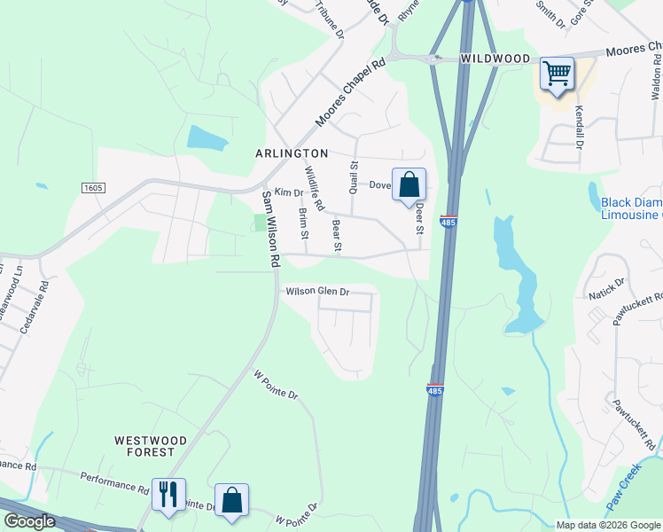 map of restaurants, bars, coffee shops, grocery stores, and more near 1728 Wildwood Drive in Charlotte