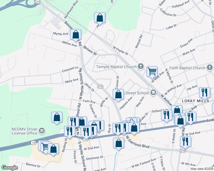 map of restaurants, bars, coffee shops, grocery stores, and more near 510 North Carolina 274 in Gastonia