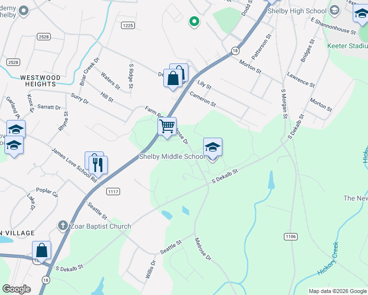 map of restaurants, bars, coffee shops, grocery stores, and more near 1501 Melrose Drive in Shelby