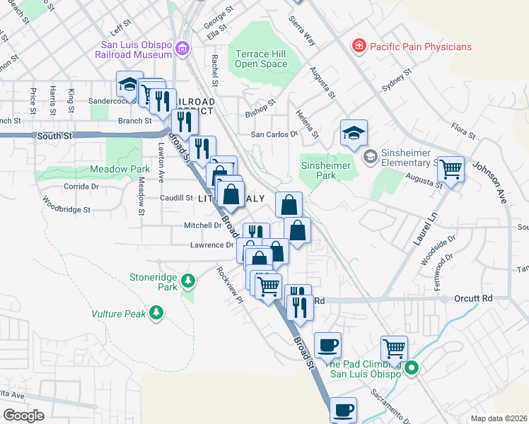 map of restaurants, bars, coffee shops, grocery stores, and more near 861 Humbert Avenue in San Luis Obispo