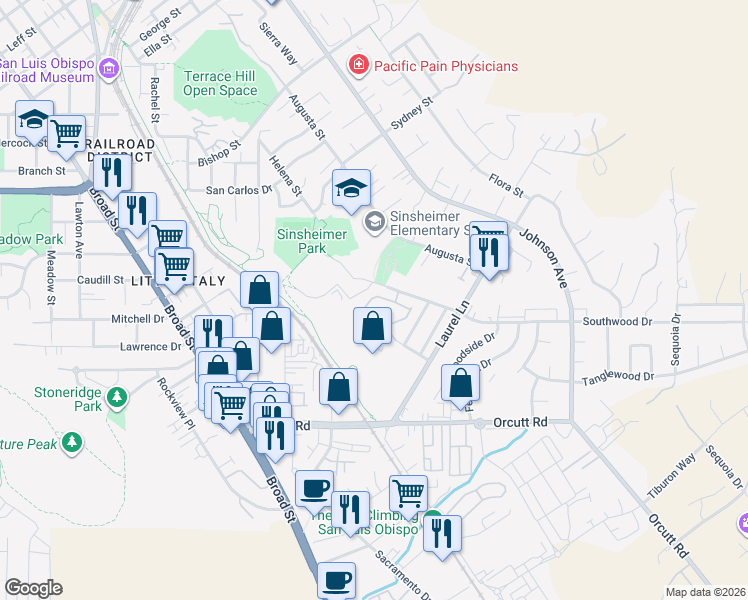map of restaurants, bars, coffee shops, grocery stores, and more near 1027 Southwood Drive in San Luis Obispo